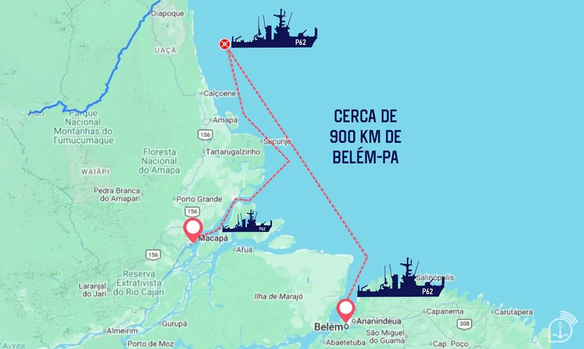 Navio Patrulha “Bocaina” se deslocou cerca de 900 quilômetros para chegar ao “MV Latifa” e mais 580 quilômetros rebocando o navio - Arte: Marinha do Brasil.