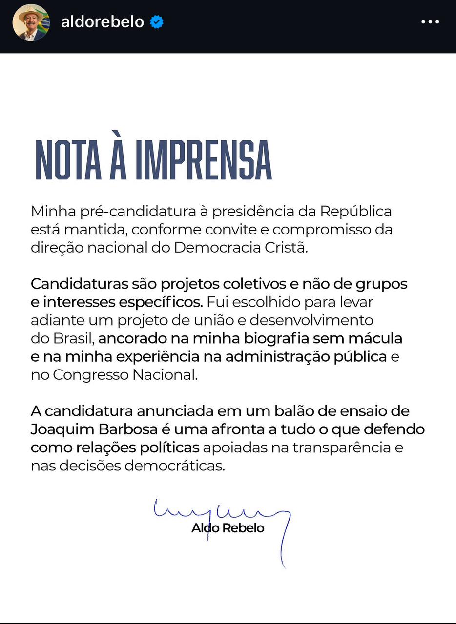 Aldo Rebelo emitiu nota sobre pernancer como pré-candidato - Foto: Print/Instagram.